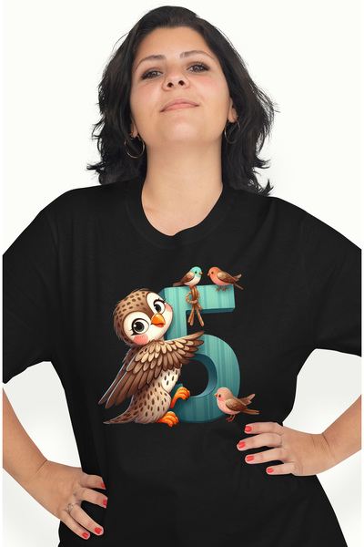 StoryGift Romania Tricou Femei cu o bufnita cu cifra 5, ilustratie, pentru co...