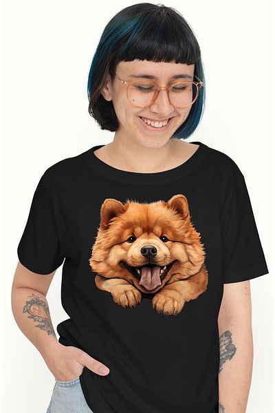StoryGift Romania Tricou Femei cu un caine Chow Chow, ilustratie, limba scoasa, maro deschis, gras BLK_S