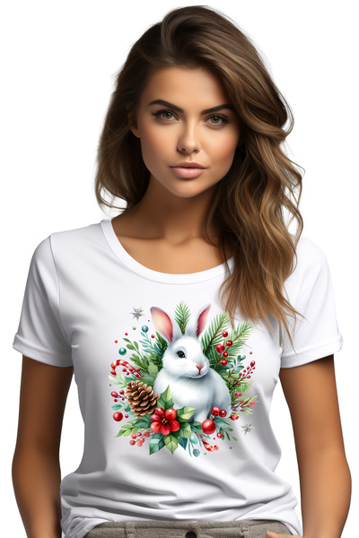 StoryGift Romania Tricou Femei cu un iepuras, ilustratie, Craciun, con de bra...