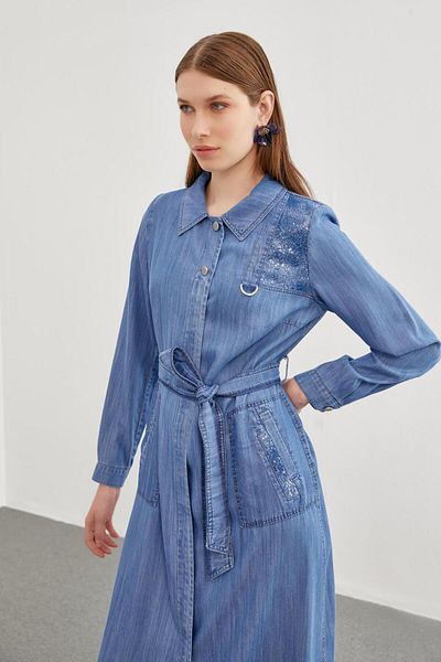Zühre Denim Sequin Detailed Blue Overcoat 13508