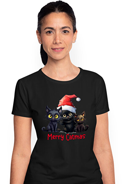 StoryGift Romania Tricou Femei cu pisoi negri cu mesajul "Merry Catmas", Crac...