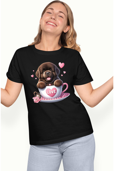 StoryGift Romania Tricou Femei cu un catel maro blanos, ilustratie, inimi, st...