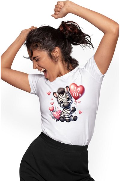 StoryGift Romania Women's T-shirt with baby zebra holding a balloon with the message "I love you", hearts, WHT_L