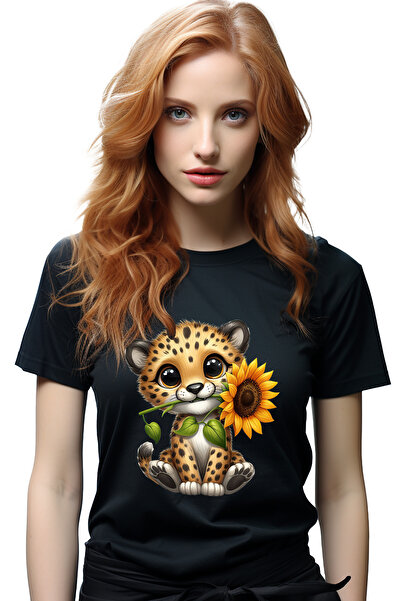 StoryGift Romania Tricou Femei cu un pui de ghepard care tine o floare, ilust...
