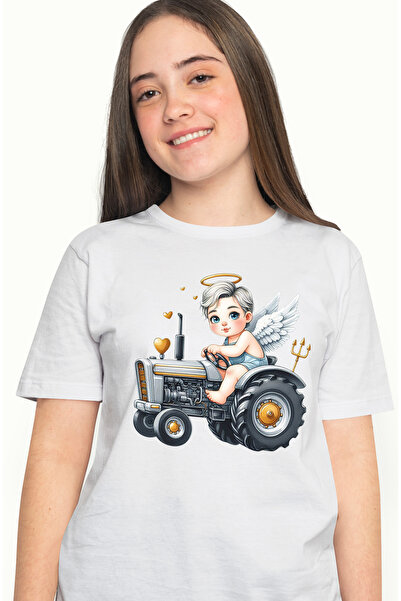 StoryGift Romania Tricou Femei cu un bebelus cu aripi care conduce un tractor, ilustratie, inimi a WHT_S