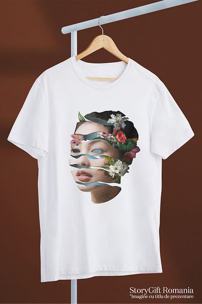StoryGift Romania Tricou Femei Cu Portret Taiat In Multe Felii, Chip Asiatica, Flori In Par, Frumu WHT_XL