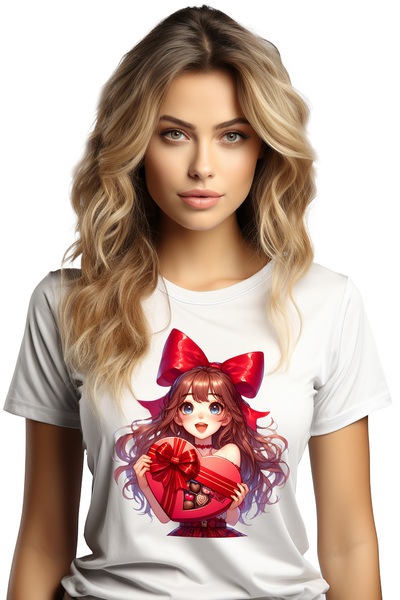 StoryGift Romania Tricou Femei cu o fata draguta care tine o cutie cu bomboane, ilustratie, a prim WHT_XL