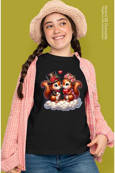 StoryGift Romania Tricou Femei Cu 2 Veverite Fericite, Ilustratie, Relatie, Valentine's Day, Aprec Blk_l