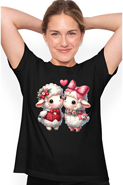 StoryGift Romania Tricou Femei cu 2 oite, ilustratie, prietenie, inima, floricele, funda, Valentin BLK_S