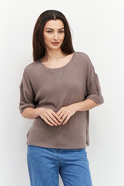 Gentle Fawn Women Scoop Neck Cuffed Sleeve Ribbed Blouse, Brown