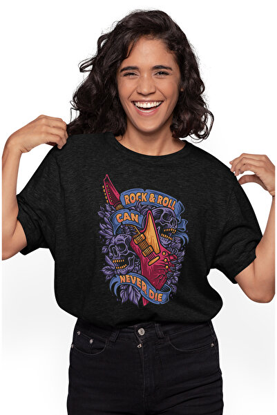 StoryGift Romania Tricou Femei Cu Mesaj In Engleza Rock & Roll Can Never Die, Chitara, Muzica, Cra BLK_L