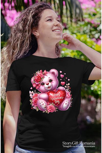 StoryGift Romania Tricou Femei Cu O Ursoaica De Plus Vesela, Ilustratie, Tine O Inima Cu Mesajul " Blk_l