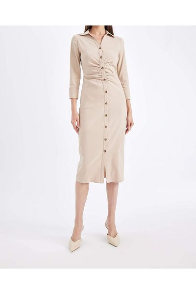 Kübra Tekstil Lupinn Fashion Μπεζ πουκάμισο με κουμπιά μίντι μήκους με μανίκια τριών τετάρτων με λεπτομέρεια γυναικείο φόρεμα