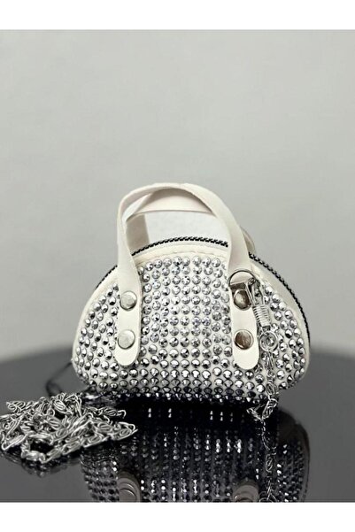 DZC KUZENLER ÇANTA Krem Süet Kumaş, Tek Bölmeli, Zincir Askılı,Fermuarlı, Taş...