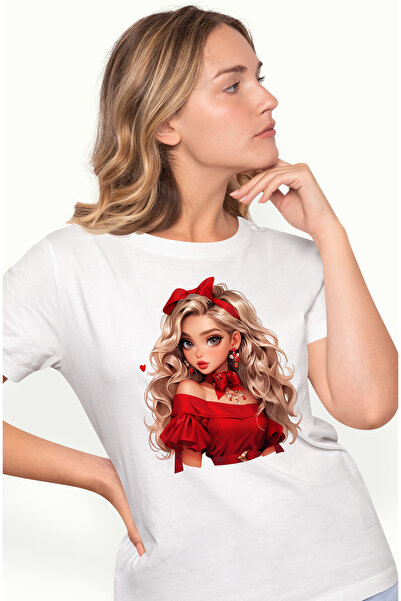 StoryGift Romania Tricou Femei cu o fata frumusica, blonda, bluza rosie, Barb...