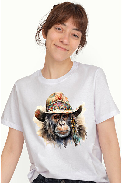 StoryGift Romania Tricou Femei cu o maimuta, ilustratie, palarie cu diverse s...