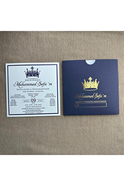 Tasarım Altın Yaldızlı Lacivert Zarflı Düğün, Nikah, Nişan ve Sünnet Davetiyesi (50 adet)