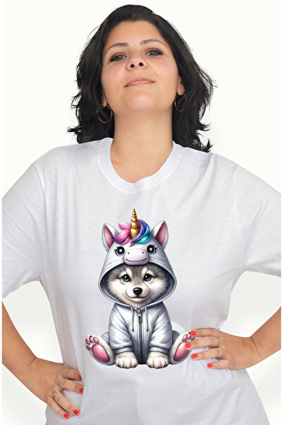 StoryGift Romania Tricou Femei cu un catel Husky costumat in unicorn, ilustra...