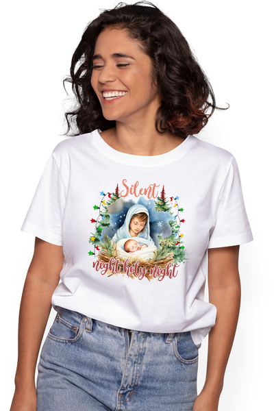 StoryGift Romania Tricou Femei cu scena Nasterii Domnului cu mesajul "Silent ...