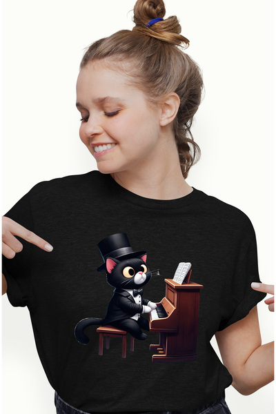 StoryGift Romania Tricou Femei cu o pisica neagra care canta la pian, ilustratie, mirata, note muz BLK_M