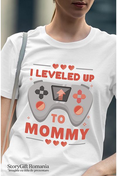 StoryGift Romania Women's T-Shirt With Play Station Controller, Message In English I Leveled Up To Mommy, WHT_L,STG61525