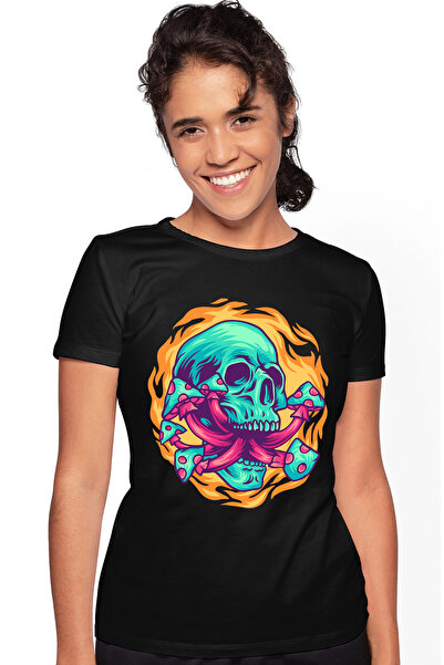 StoryGift Romania Tricou Femei Cu Craniu, Ciuperci, Flacari, Cerc, Ilustratie...