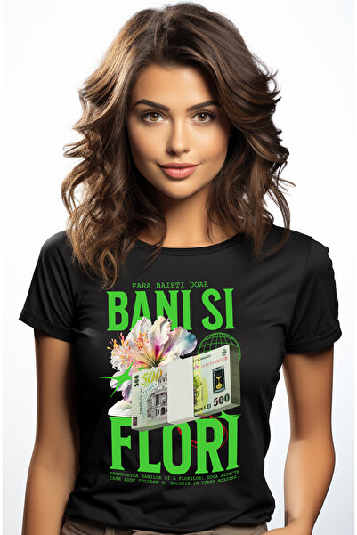 StoryGift Romania Tricou Femei Fara Baieti Doar Bani si Flori, cu imprimeu pe Fata, 100% Bumbac, BLK_XL