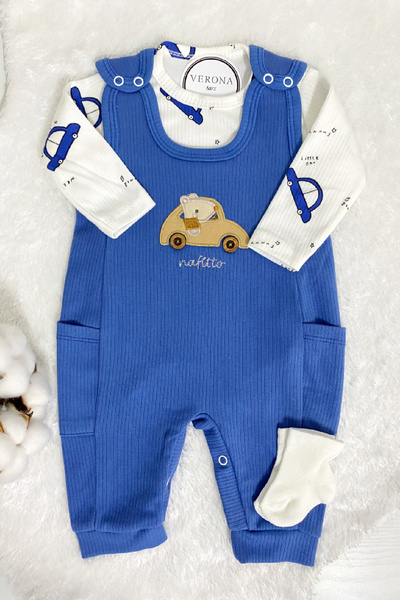 VERONA TARZ Baby Boy Embroidered Car 2Pc Salopet Set Long Sleeve Snap Outfit and Socks Gift