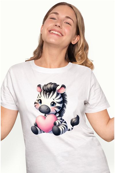 StoryGift Romania Women's T-shirt with a zebra holding a heart in its arms, illustration, love, affection WHT_XS