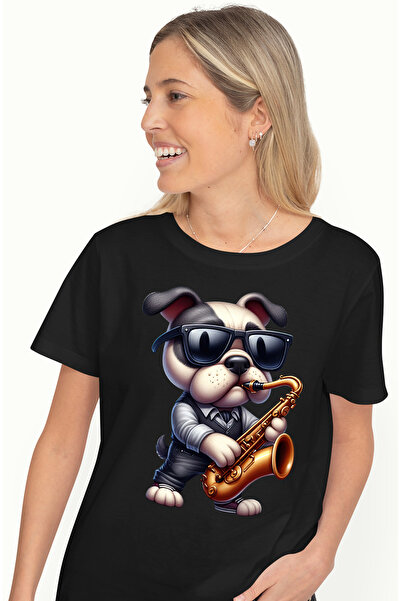 StoryGift Romania Tricou Femei cu un caine cu ochelari care canta la saxofon,...