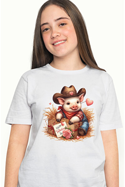 StoryGift Romania Tricou Femei cu un porcusor cowboy, ilustratie, Vestul Salb...
