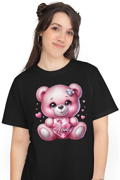 StoryGift Romania Tricou Femei cu o ursoaica de plus, roz, ilustratie, tine o inima din diamant cu BLK_M