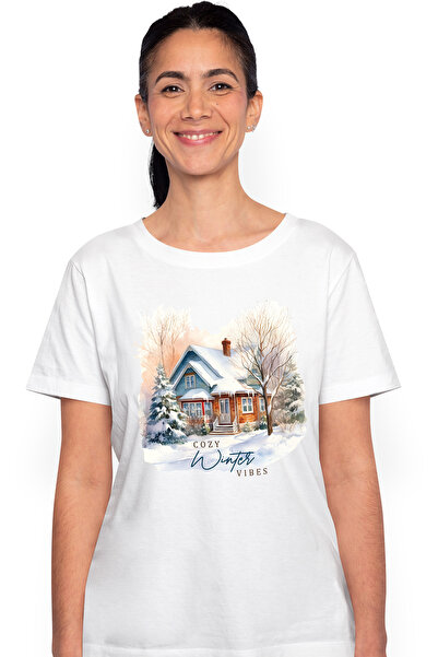 StoryGift Romania Tricou Femei cu o casa acoperita cu zapada cu mesajul "Cozy Winter Vibes", simti WHT_L