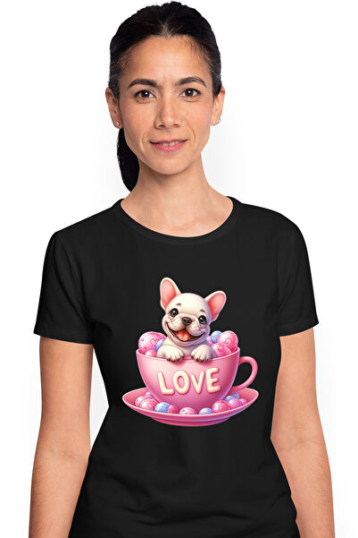 StoryGift Romania Tricou Femei cu un catel Bulldog, ilustratie, ceasca, mesaj...