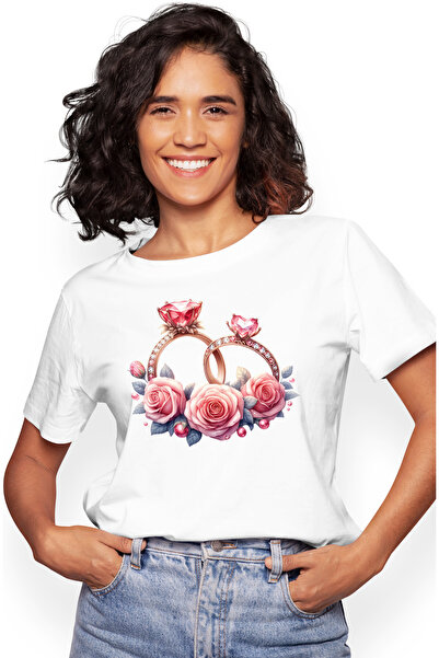 StoryGift Romania Tricou Femei cu 2 inele cu diamante, pietre pretioase, ilus...