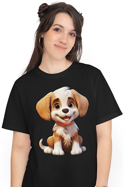 StoryGift Romania Women's T-shirt with a cheerful puppy, illustration, collar, orange, white, for lovers BLK_XS