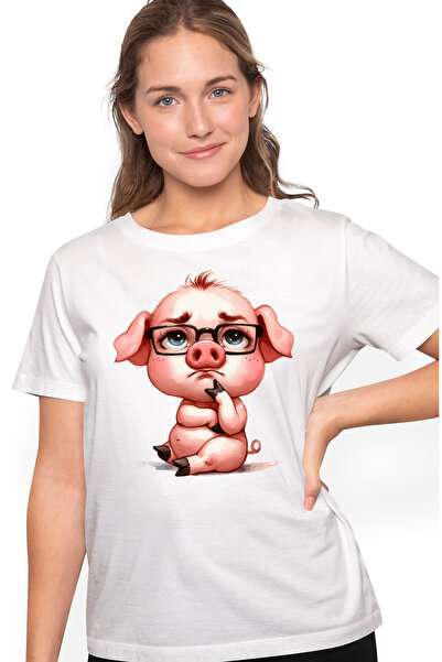 StoryGift Romania Tricou Femei cu un porc tocilar, poarta ochelari, sta pe ganduri, gandeste prea WHT_S