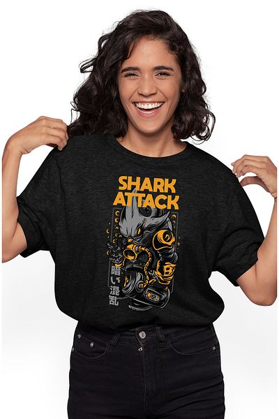 StoryGift Romania Tricou Femei Cu Rechin Cu Masca De Oxigen, Text IN Engleza Shark Attack, Text In BLK_L