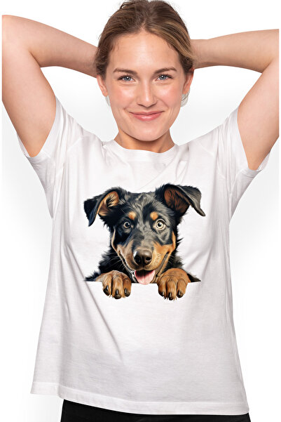 StoryGift Romania Tricou Femei cu un catel bucuros, ilustratie, fericire, lab...