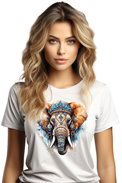 StoryGift Romania Tricou Femei cu un elefant pictat cu diferite simboluri, ilustratie, abstract, i WHT_XS