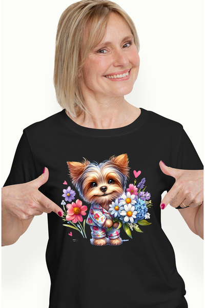 StoryGift Romania Tricou Femei cu un catel care tine un buchet cu flori, ilus...