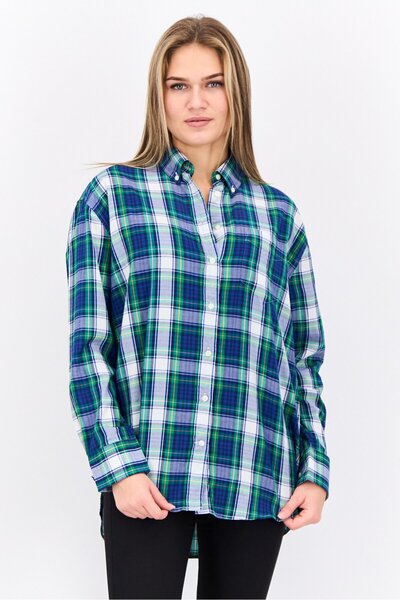 Gant Women Button Down Collar Long Sleeves Checkered Shirt, Blue Combo