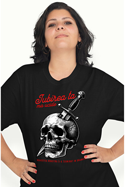 StoryGift Romania Tricou Femei Craniu cu cutit iubirea ta ma ucide dragoste cu imprimeu pe Fata, 1 BLK_XS