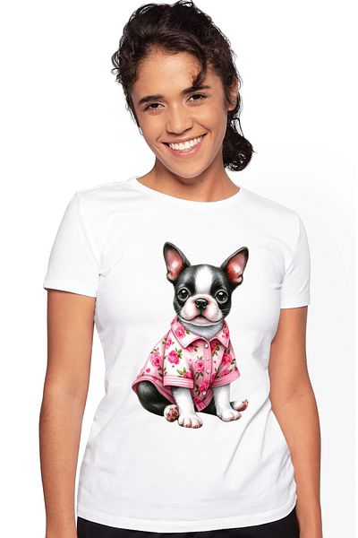 StoryGift Romania Tricou Femei cu un catelus cuminte, ilustratie, alb, negru, camasa inflorata, tr WHT_XS