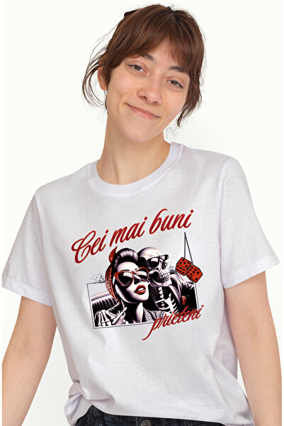 StoryGift Romania Tricou Femei fata si schelete selfie cei mai buni prieteni cu imprimeu pe Fata, WHT_S