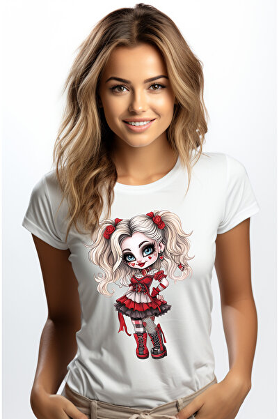 StoryGift Romania Tricou Femei cu o fata draguta in stil goth, inimioare, roc...