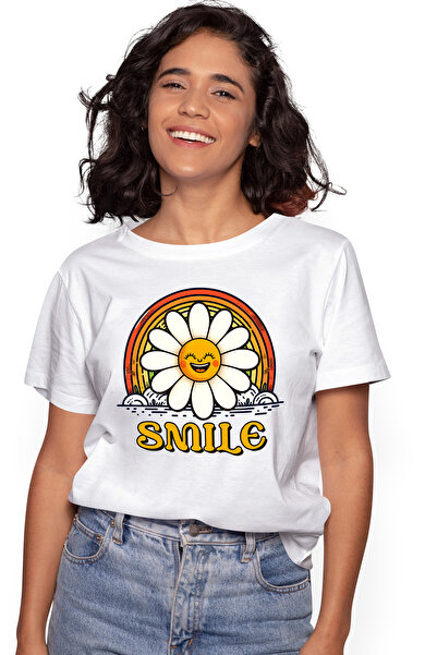 StoryGift Romania Tricou Femei cu mesajul "Smile", ilustratie, motivational, zambeste, floare, inc WHT_S
