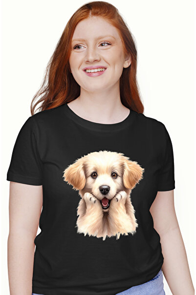 StoryGift Romania Tricou Femei cu un catel socat, uimit, ochii mari, labutele duse pe fata, blanos BLK_L