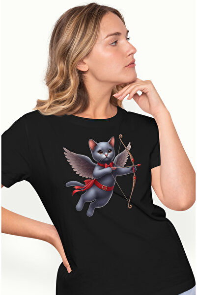 StoryGift Romania Tricou Femei cu o pisica serioasa Cupidon, ilustratie, trag...
