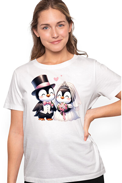 StoryGift Romania Tricou Femei cu 2 pinguini la nunta, mireasa, ilustratie, r...